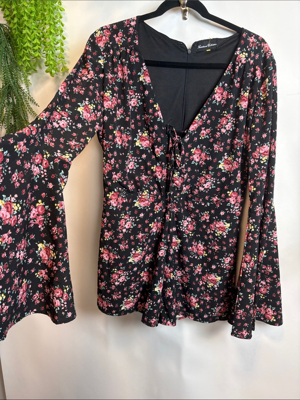 Floral Tie-Front Bell-Sleeve Romper - Black/Pink